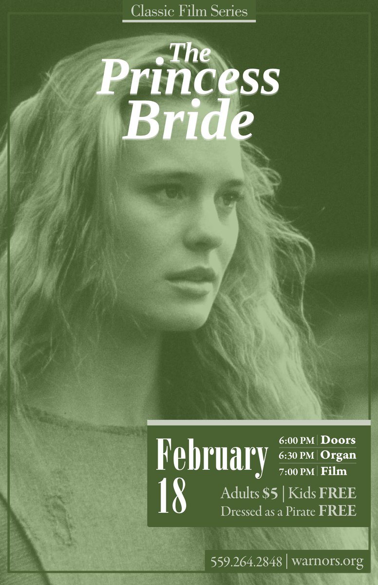 FresnoFilmworks's tweet photo. TONIGHT: Our friends at @WarnorsCenter will be showing the amazing film THE PRINCESS BRIDE at 7pm. https://t.co/QivXHqHr6m