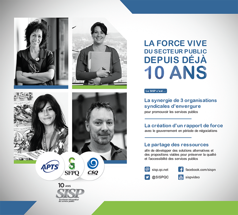 SISPQC's tweet photo. Le SISP c'est la synergie de 3 organisations syndicales depuis 10 déjà! #syndqc @CSQ_Centrale @APTSQ @SFPQ_Syndicat https://t.co/5hcUW7LUHv