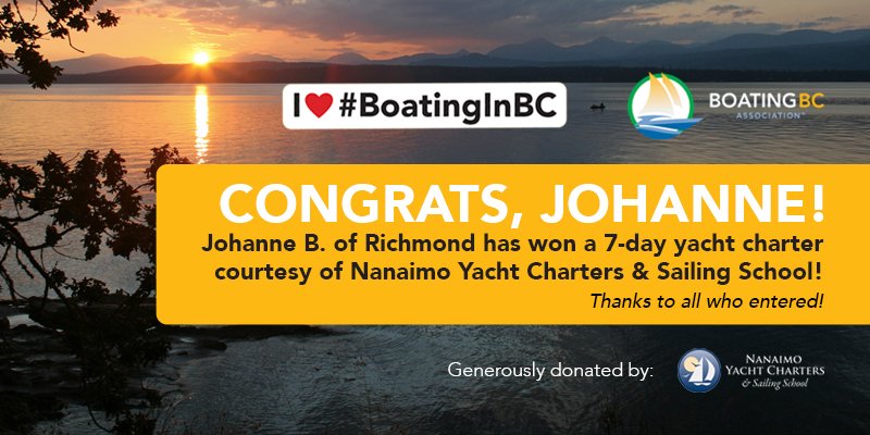 BoatingBC's tweet photo. We're excited to reveal the winner of our #BoatingInBC contest: Johanne has won a yacht charter w/ @Nanaimo_YCSS! https://t.co/PNjmbHO4X9