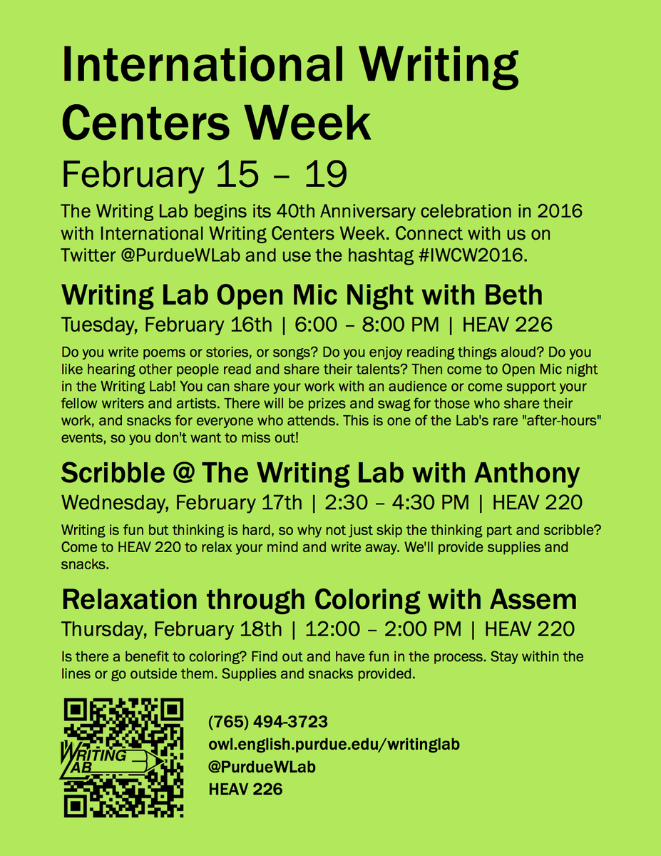PurdueWLab's tweet photo. Make @LifeAtPurdue more colorful with the Writing Lab. Stop by any time 12-2. Free snacks! #IWCWeek16 #IWCW2016 https://t.co/YU757mtNXI