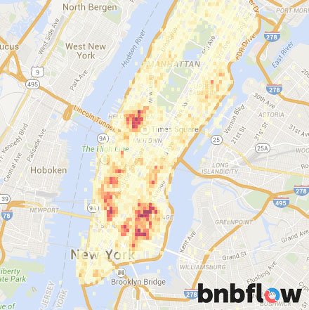 bnbflow's tweet image. #nyc #manhattan #airbnb heatmap. Hell's Kitchen, Lower East Side, and Chealsea are the most crowded.