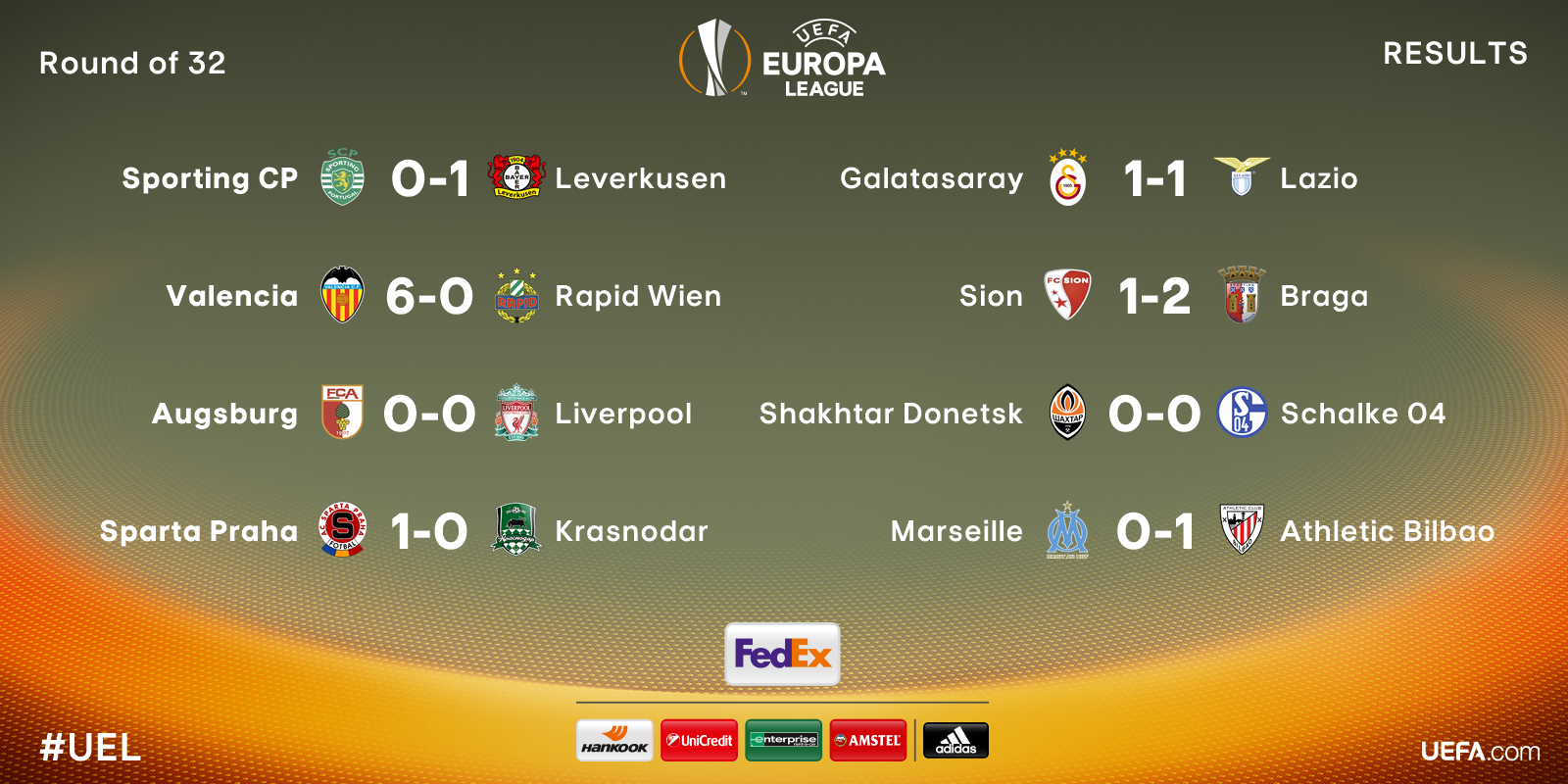 UEFA Europa League on Twitter: "RESULTS Here are the complete results from  all the Round of 32 first legs... #UEL https://t.co/6W594S4qic" / Twitter
