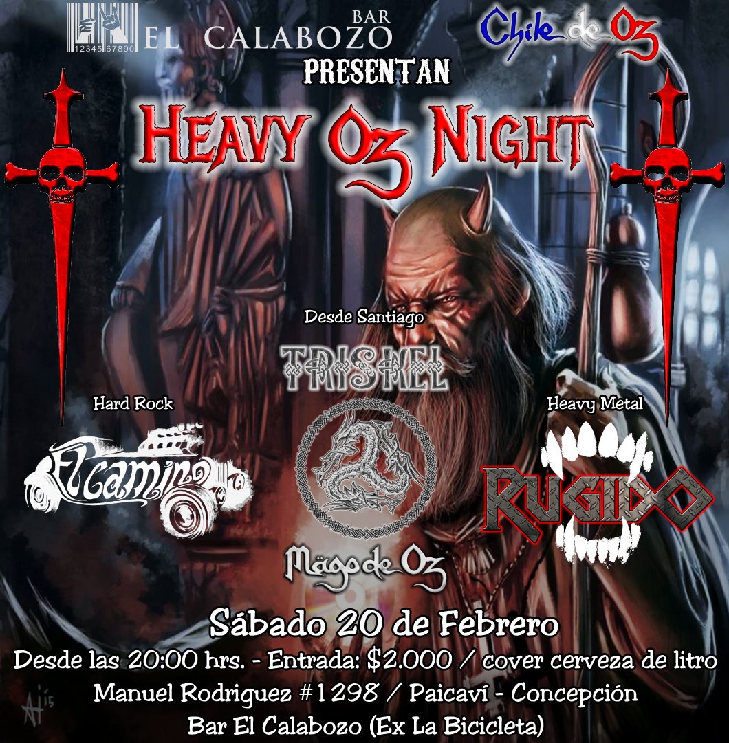 HEAVY OZ NIGHT
Sábado 20, 8pm, Bar El Calabozo, Concepción.
Entrada: 2 lucas / cover 1 litro
web.facebook.com/events/1528060…