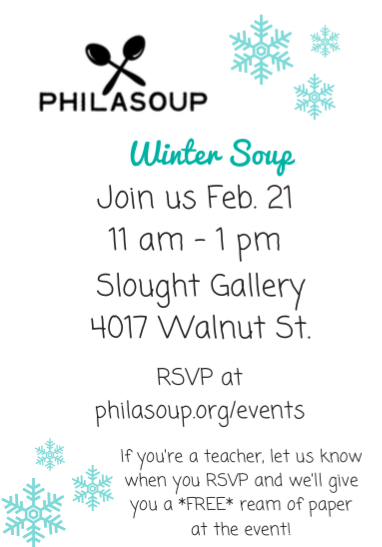PledgeCents's tweet photo. Sign up 4 the 2/21 Winter Soup via THIS link (https://t.co/ZrhYx0io26 ) 2 get a $100 matching opp from PC!#phillyedu https://t.co/oS3BKIxOMR