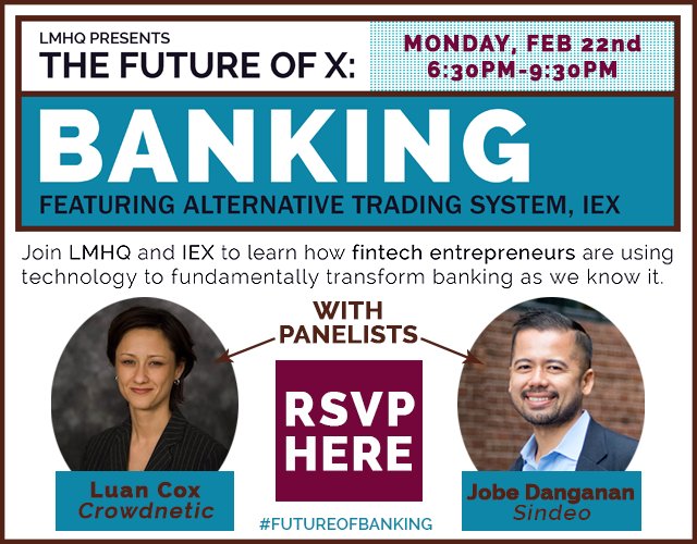 sindeopro's tweet photo. #Sindeo will speak on the #futureofbanking at @LMHQ_NYC w/ #IEXTrading & @Crowdnetic 2/22 - https://t.co/W6RTyZ3QuU https://t.co/tzMnPMljAa