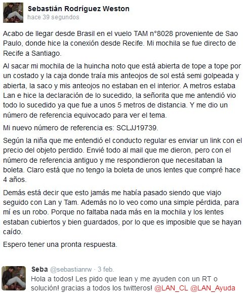 <a href="/ReclamoCL/">Chile Reclamos</a> me robaron desde mi maleta, me ayudan por favor con un RT. Muchas gracias!