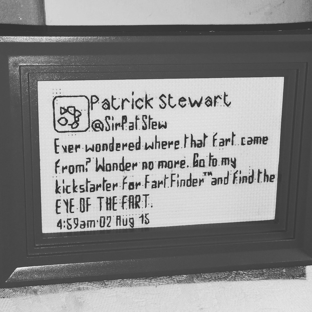 tweetXstitch's tweet photo. Today's #tweetxstitch is from the mighty @SirPatStew #kickfarter #fartfinder #fart #sirpatrickstewart #eyeofthefart https://t.co/y0BN7taZKV