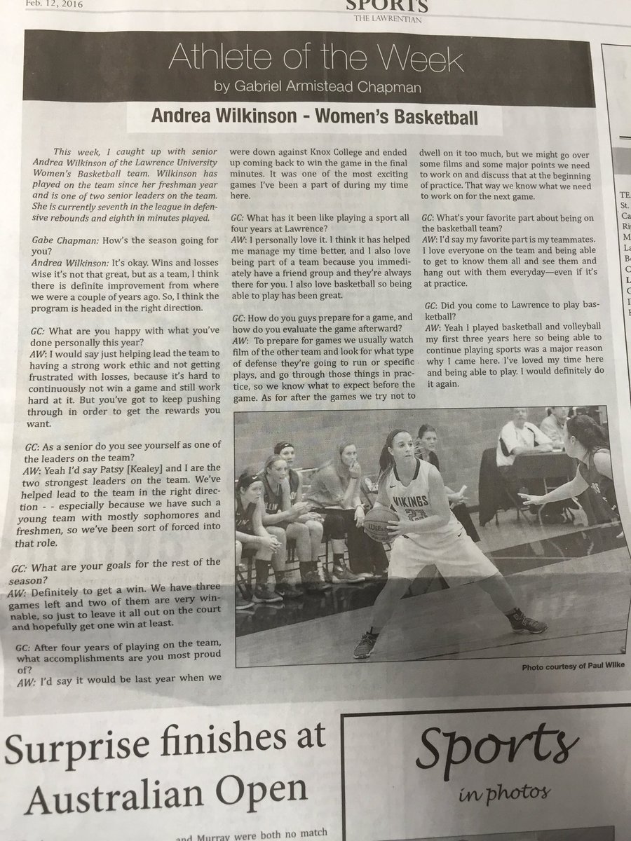 LUVikingsWBB's tweet photo. @alw_23 is the Lawrentian's Athlete of the Week! #LUWBBPride #GHFT #GoodStuff https://t.co/MSfcDMeIGa