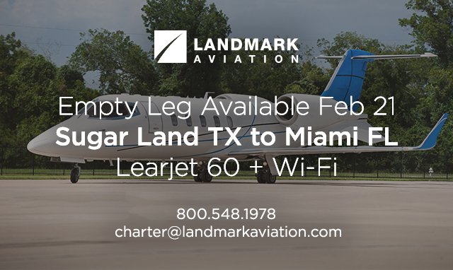 LandmarkCharter's tweet photo. #Empty Leg ✈ Available Learjet 60 February 21 Sugar Land TX #SGR to Miami FL #MIA #BizAv https://t.co/JkUxgpBnFj https://t.co/YeqSnkosca