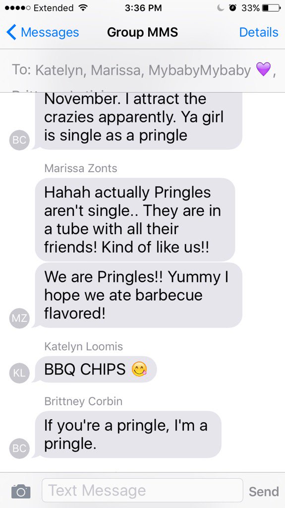 Kaseeey's tweet photo. Lol @ our group chats 😂 #PringlesForLife @katelyn_loomis1 @bcorbin77 @hunter_hitt @marissazonts @Leticiaalbarr https://t.co/9JegPfPvqr