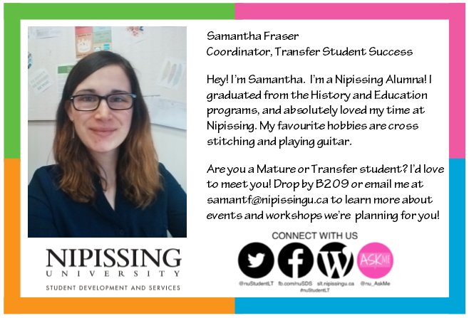 nuStudentLT's tweet photo. Are you a mature or transfer student? Meet Samantha! She's planning events and workshops just for you! #MTNetwork https://t.co/DZvIrTFuFa