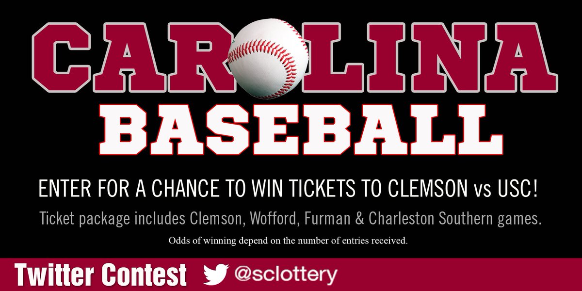sclottery's tweet photo. GAMECOCKS, enter to win baseball tickets to the Palmetto State Rivalry and more! RT and FOLLOW @sclottery to enter! https://t.co/vfoPeWpgVo