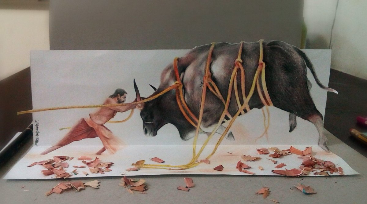 mirshad_aakif's tweet photo. @RanaDaggubati @BaahubaliMovie 3d drawing. power  of bhallaladeva...best VFX ever bull fight,😄😀👌 https://t.co/XfHLjfnwpb