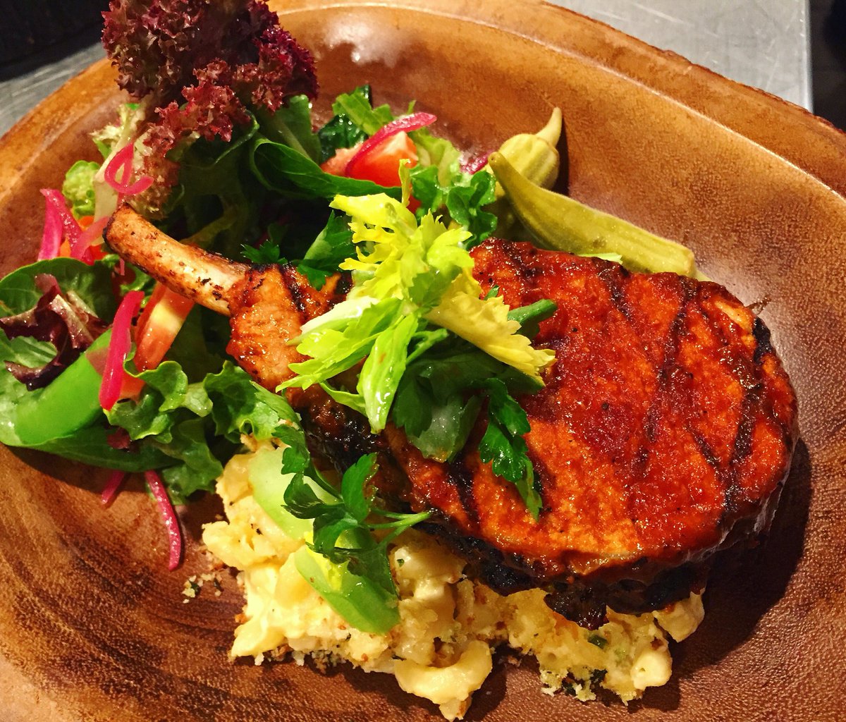 #TGMV Dinner Special - BBQ Pork Chop and Jalapeño Mac N Cheese. With  Katie's Housemade Pickled Okra