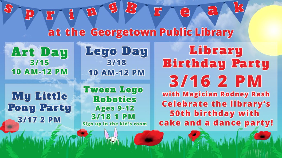 GTPublicLibrary's tweet photo. Spring Break is coming! https://t.co/Xpe9gSKsbl