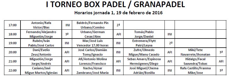 <a href="/BoxPadel/">Box Padel</a> @GRANAPADEL horarios pare el viernes 19 de febrero TORNEO BOX PADEL-GRANAPADEL   bit.ly/1Kt9PBe