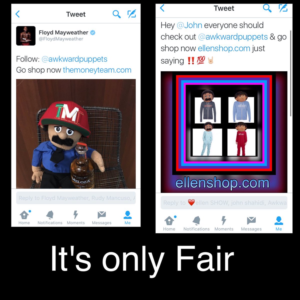AwkwardPupsArmy's tweet photo. @simplymarcoo @john @awkwardpuppets @TheEllenShow @justinbieber @FloydMayweather it's only fair https://t.co/BrIFIOCGCP