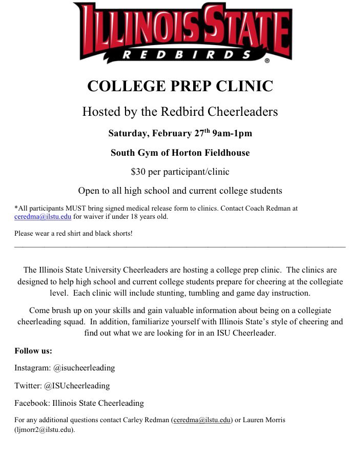 ISUCheerleading's tweet photo. College Prep Clinic Information
Please message if you have any questions. 
#BackTheBirds https://t.co/ysOHH0w9Jz