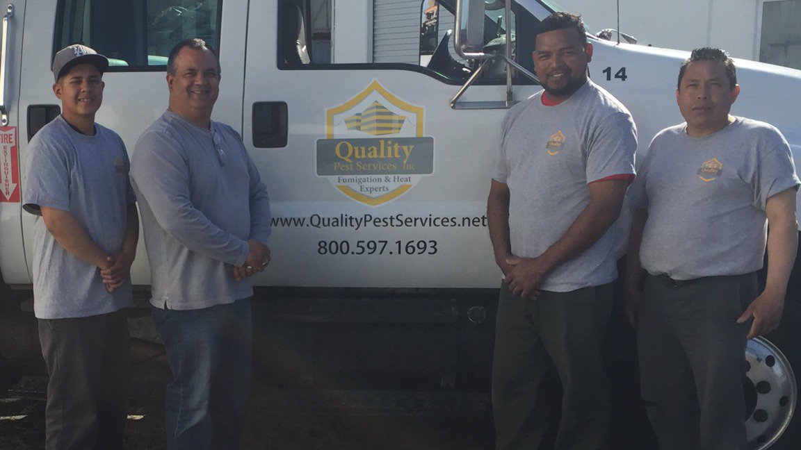 QualityPestSVC's tweet photo. (Left to right) Fumigator Hector Chavez Jr, President Lee Whitmore, fumigators Pablo Maganda and Hector Chavez https://t.co/KhZ14SL8Yo