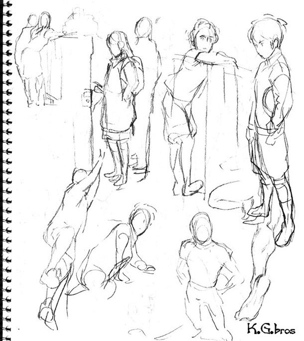 創作に役立つ落書き。
最後は、なんらかのシーンを想像した落書きでしょうかね～。
自分がふっと思ったシーンを連想ゲームのように
描いたりすると楽しいですね～。
左上からの3カットは、連続性があるように見えますね。 