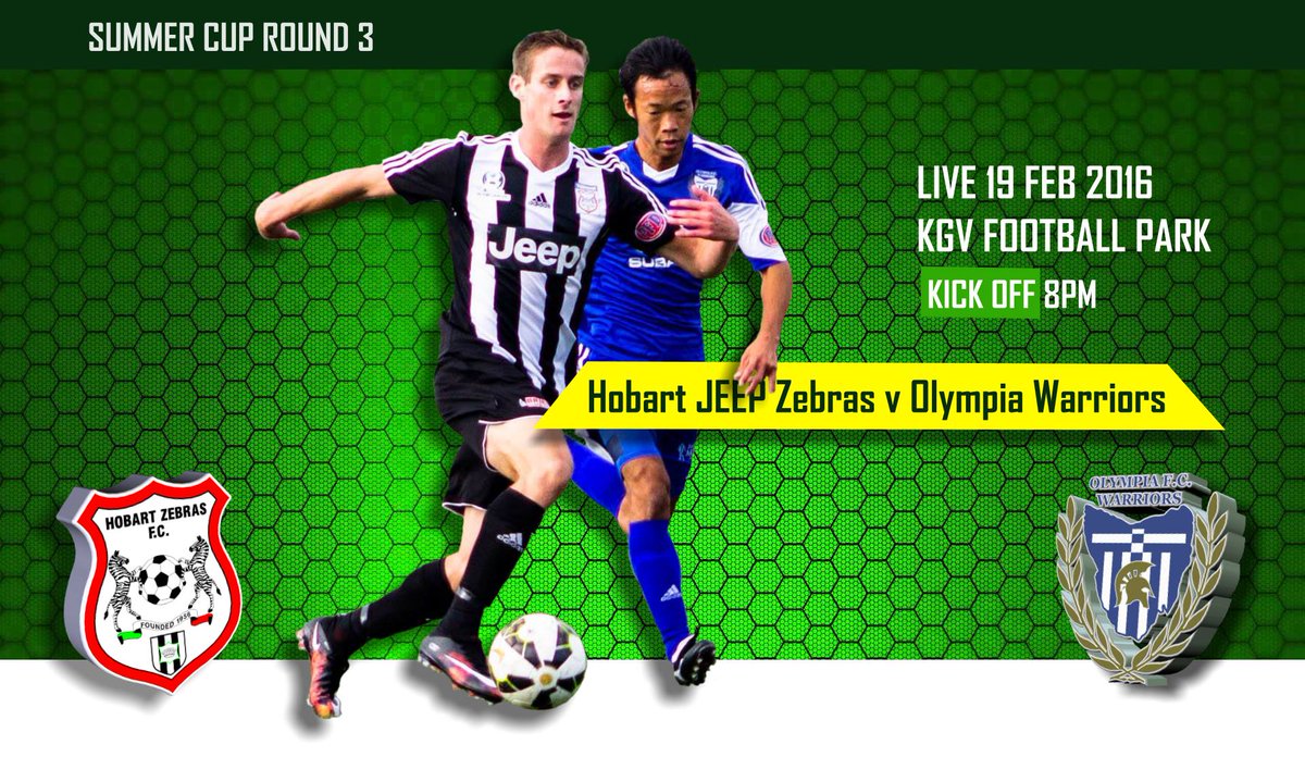 Traditional rivals collide! 
☀ <a href="/HobartZebrasFC/">Hobart Zebras FC</a> v <a href="/olywarriors/">olywarriors</a> @ 8PM
+ Borbor Sam! bit.ly/R3FRINIGHT