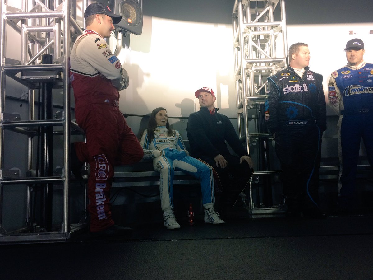 TeamHSM46's tweet photo. .@DanicaPatrick , @MichaelAnnett and @ReedSorenson36 chatting about their upcoming race. #NASCAR https://t.co/YpDFGq1mWx