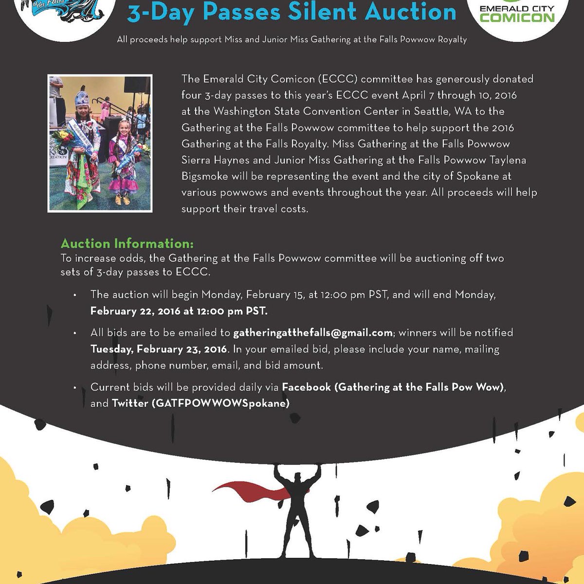 SpokanePowwow's tweet photo. Silent Auction. Starting bid is $40 The value for both tickets combined is $180.00
#Seattle #ComiCon #ECCON2016 https://t.co/NXcNVUdtGo