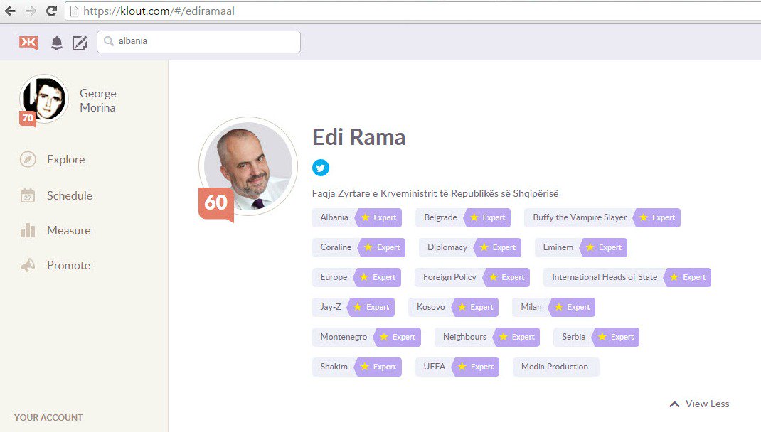 GeorgeMorina's tweet photo. #Congrats to @ediramaal,Top 0.1% of #people talking about #Albania,3.7K experts identified by #Klout for this topic. https://t.co/2FJxN61ZXE