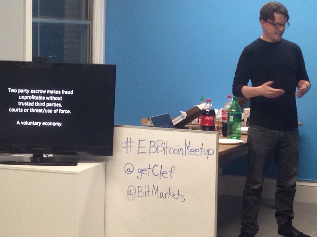 CaterinaRindi's tweet photo. Steve Dekorte describes @BitMarkets as a Voluntary Economy. #EBBitcoinMeetup @getClef HQ. https://t.co/QIA3pTUJW9 https://t.co/ox37UCLrEG