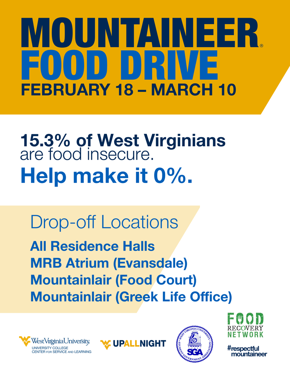 WVU_FRN's tweet photo. Together, we CAN make a difference! Join us, @RespectfulWVU @wvusga &amp; @wvucsl in this campus wide canned food drive! https://t.co/rb7BEXZDQR