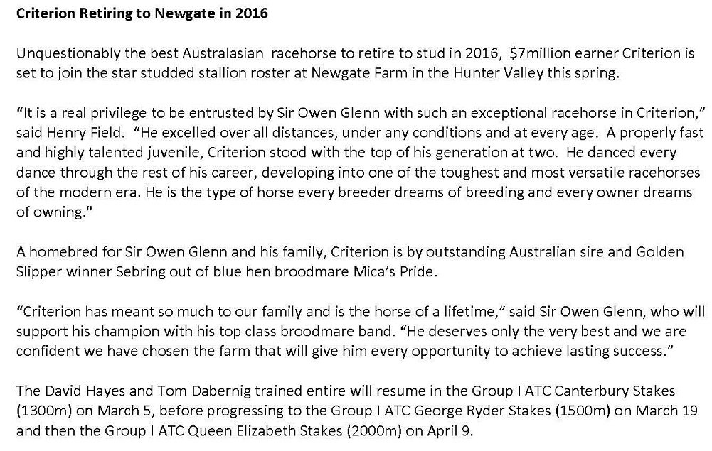 Very pleased to announce that CRITERION will be joining the Newgate Stallion Roster in 2016! #itspossible