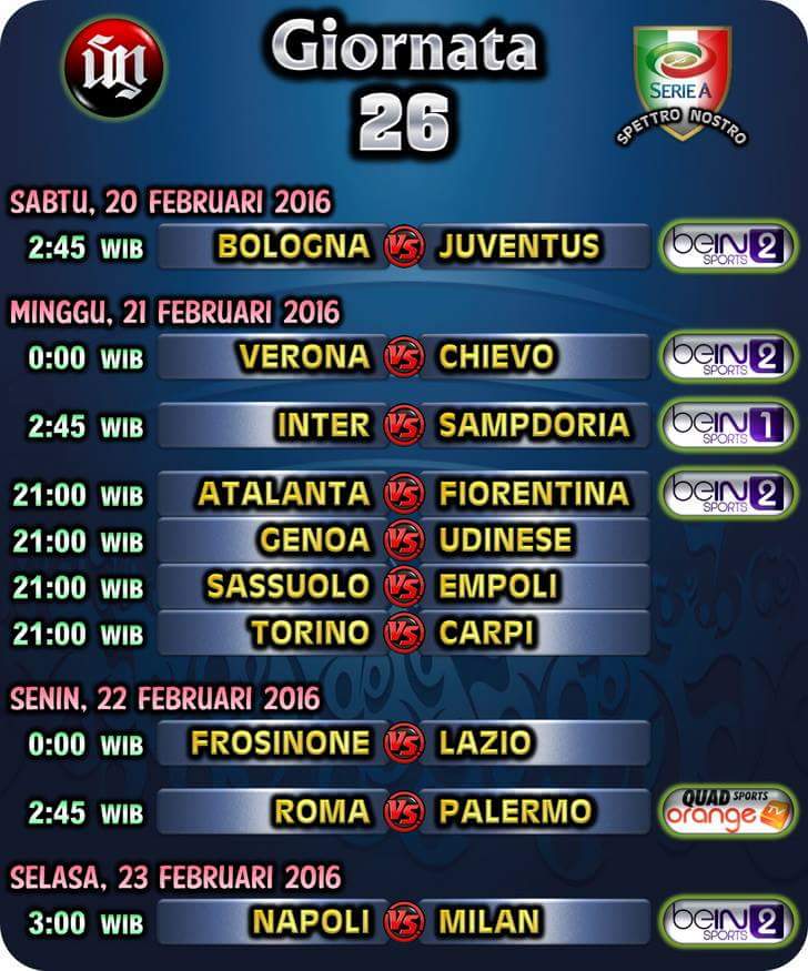MIsezJAMBI's tweet photo. Jadwal Pertandingan Serie A Giornata 26 :
Jadwal sewaktu-waktu dapat berubah!

[SpettroNostro] https://t.co/hsygkdvjWz
