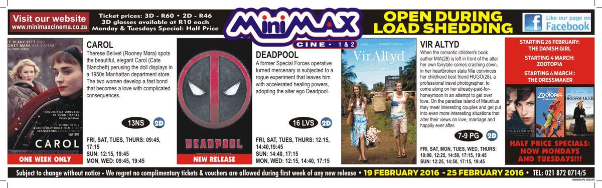 minimaxcinema's tweet photo. Showing 19 – 25Feb: #Carol #Deadpool #VirAltydFilm #MinimaxMagic Show times: https://t.co/wcFHC8vLa3 https://t.co/SIxF8vUod8