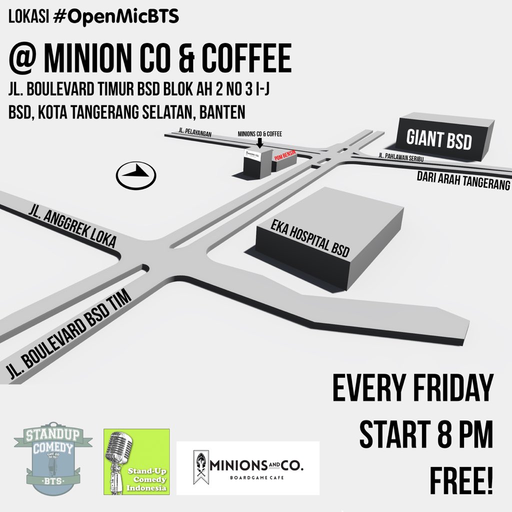 StandUpIndoTNG_'s tweet photo. Malam ini! #OpenMicBTS di Minions Co &amp; Coffee, BSD. Jam 8 Malam. GRATIS. Tapi wajib jajan :)) https://t.co/gkWPpvrY5C