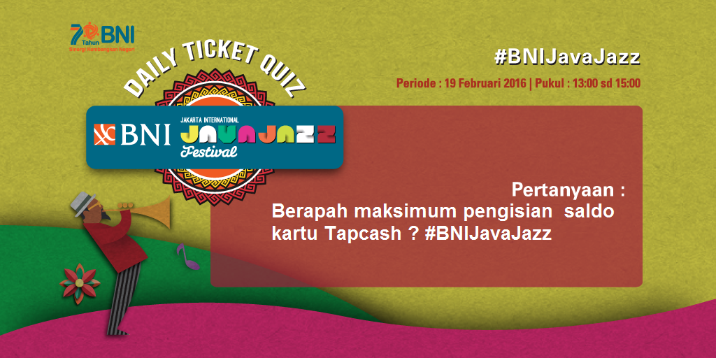 BNI's tweet photo. Quiz:
Jawab pertanyaannya, sertai #BNIJavaJazz disetiap jawabanmu. hanya berlaku ditwitter @BNI46 https://t.co/kzEG56aGIh