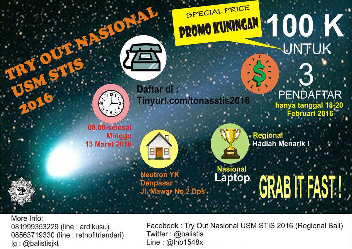 Ekhem... Btw ada promo nih dari Balistis untuk pendaftaran TONAS USM STIS 2016. 
Mau daftar❓ tinyurl.com/tonasstis2016