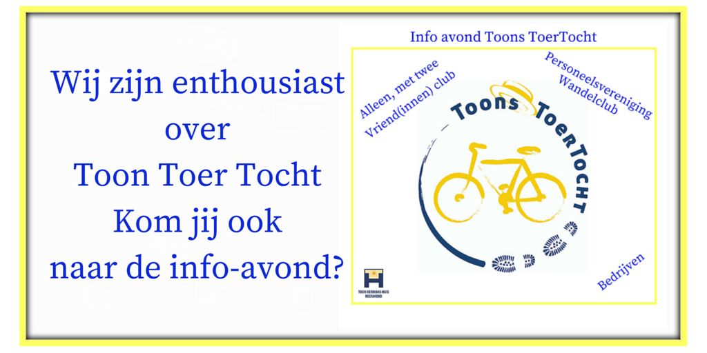 Kom a.s maandag 22 februari naar ons huis voor de info avond van Toons Toer Tocht op 2 april bit.ly/TTH_TTT2