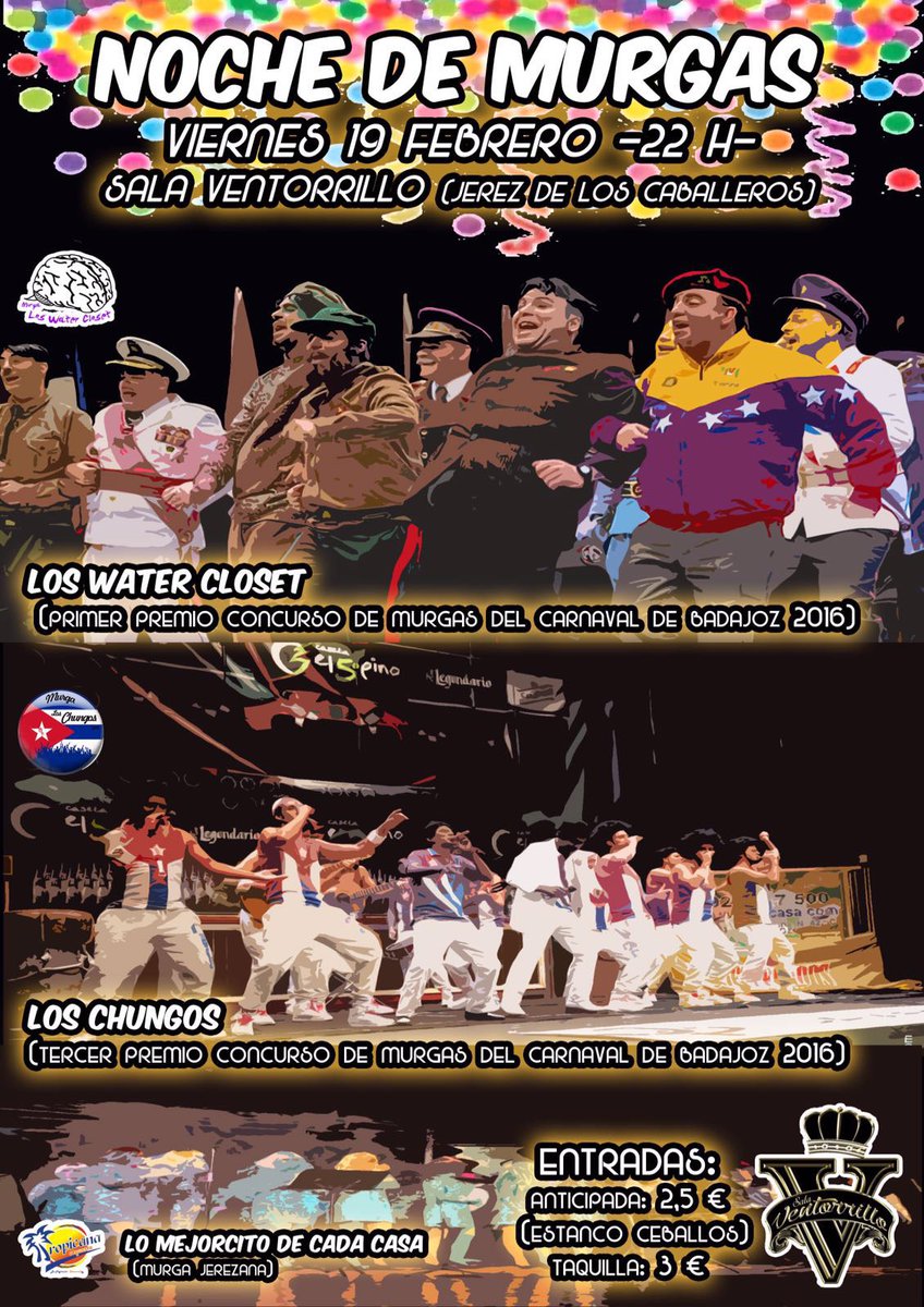 Esta noche estaremos en <a href="/VentorrilloJere/">VENTORRILLO JEREZ</a> con <a href="/loswatercloset/">Murga Los Water Closet</a> y una murga local.
Desde las 22h. Ven a bailar y gozar