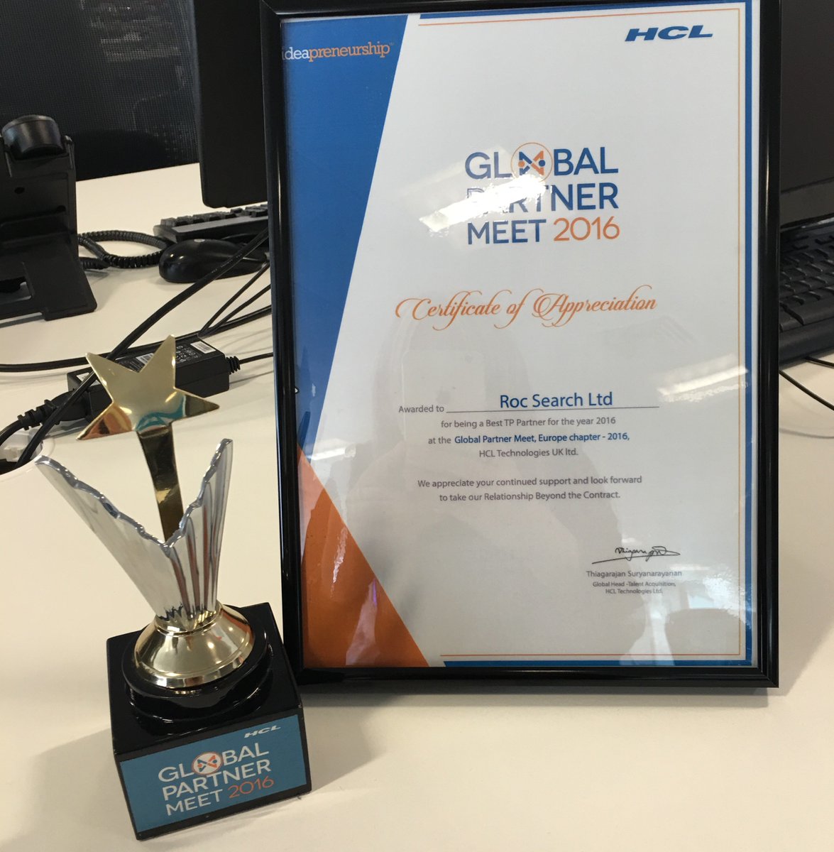 RocSearch's tweet photo. Very proud to have won Contract Recruiter of the Year at HCL Awards last night!! @hcltech #recruitment #winners #FF https://t.co/2YXbG8peeg