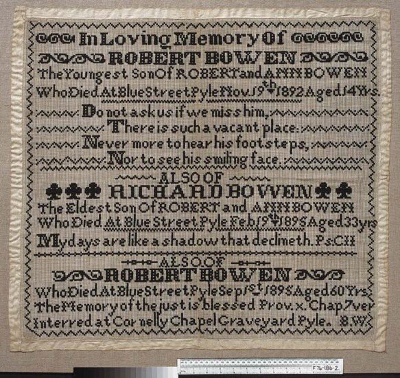 CuratorElen's tweet photo. #Sampler i gofio am tad a dau fab. Bu farw Richard Bowen #arydyddhwn yn 1895. #pwytho #helachau https://t.co/SGX3GWEdje