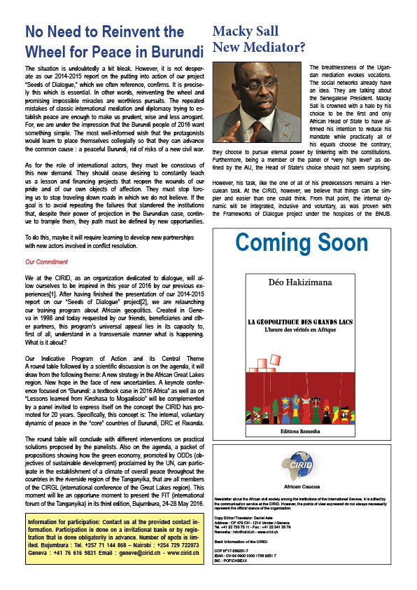 Feb. edition of African Caucus in English p. 2! Join us in our quest for peace. #AfricanCaucus #Burundi #Peace