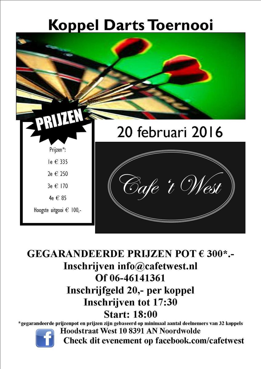 As zaterdag koppel #darts toernooi. Meedoen is nog mogelijk <a href="/Fdbdarts/">FDBdarts</a> opgave info@cafetwest.nl
