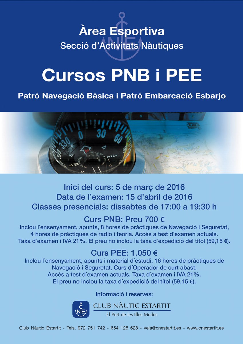 cnestartit's tweet photo. Curs PEE i PNB. Data inici: 5 març. Examen: 15 abril #estartit #escolanautica #examenper #cursos #cursoper #nautica https://t.co/ZOEncDKuMb