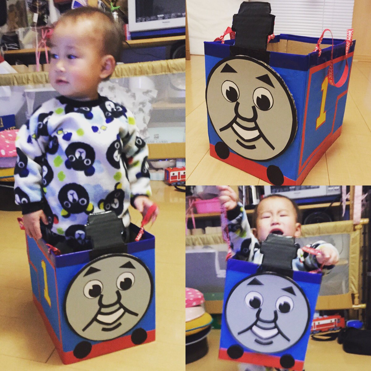 Mio ダンボールで作った でも肩にひもをかけるのがイヤみたいで全然乗ってくれない 作り終わってボディーの向きが逆だったことに気づいてダブルショック きかんしゃトーマス ダンボールトーマス T Co Aguu1cwg5v