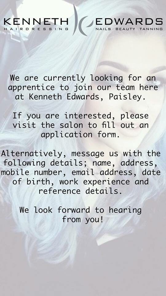 KE_hairdressing's tweet photo. #jobsinpaisley #paisley #apprenticerequired #kennethedwards https://t.co/pIJDHvGH6W