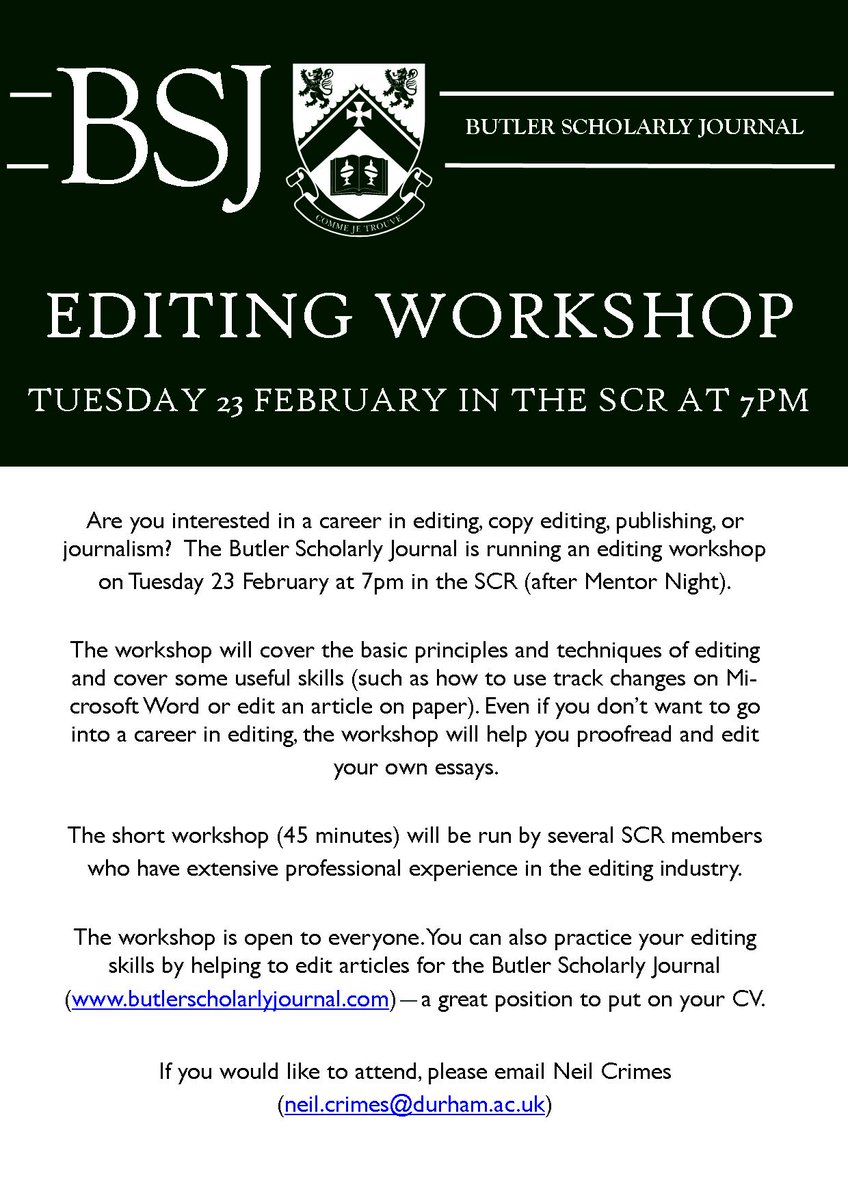 _BSJournal's tweet image. If you're interested in writing/ editing/ publishing, come along to our workshop on 23 February at 7pm in the SCR.