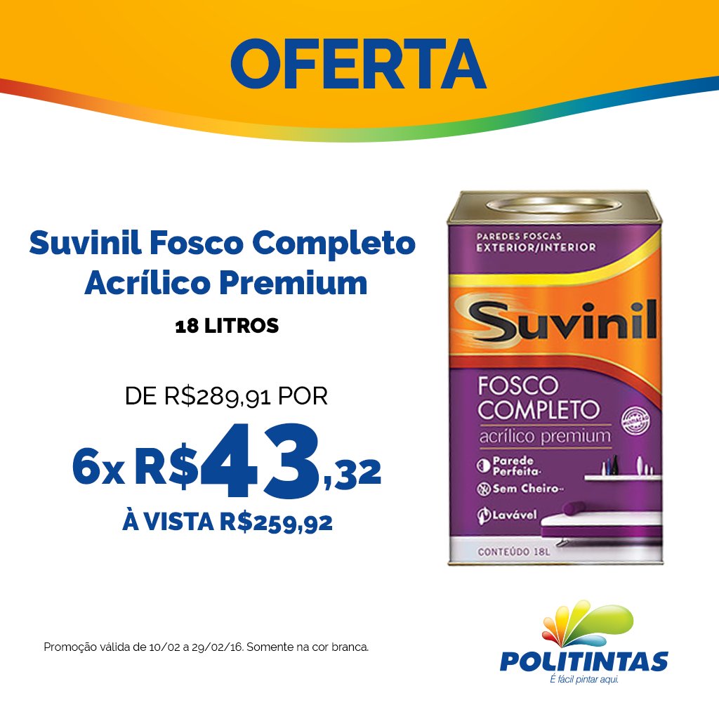 politintas's tweet photo. Suvinil Fosco Completo: lavável e sem cheiro em até 3 horas após a aplicação. Venha aproveitar essa oferta! https://t.co/d7YnA6tKkY