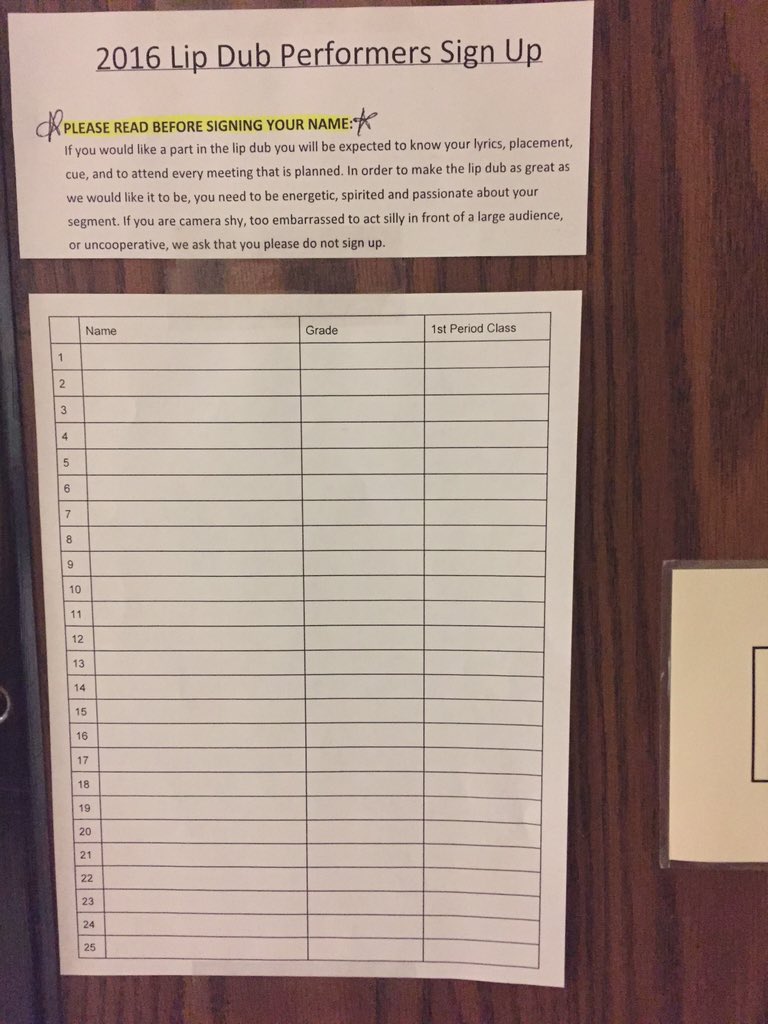 Lip Dub performers sign ups are officially up on the door or A1. Please sign up on THIS sheet only.