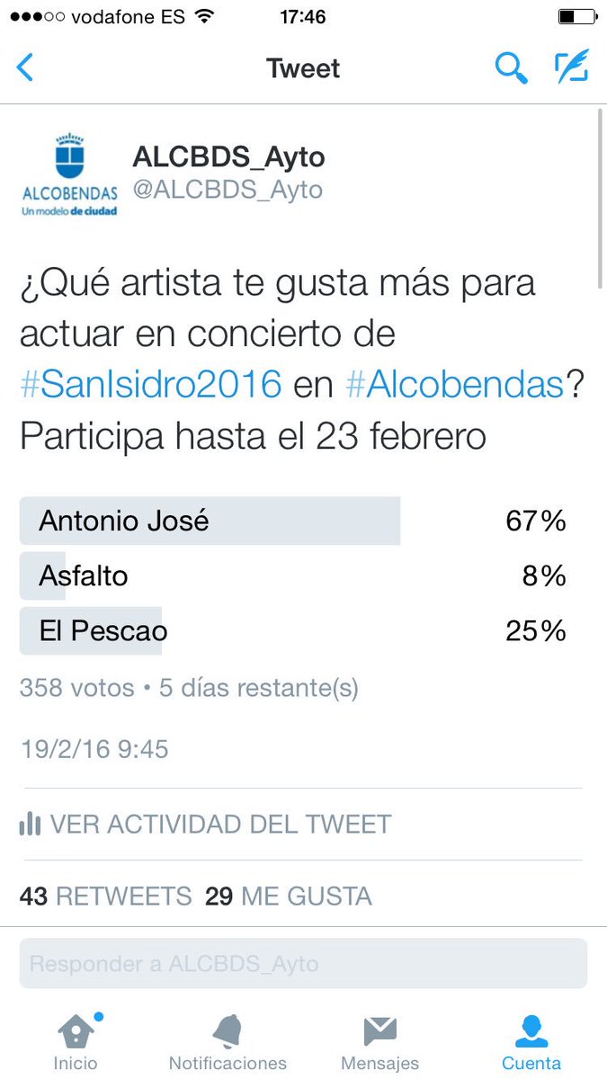 Alcobendas_ayto's tweet photo. 358 ya nos cuentan qué artista eligen para 1de conciertos #SanIsidro2016 en #Alcobendas 

https://t.co/xsMfPpGinC https://t.co/EVjZQL7QBA