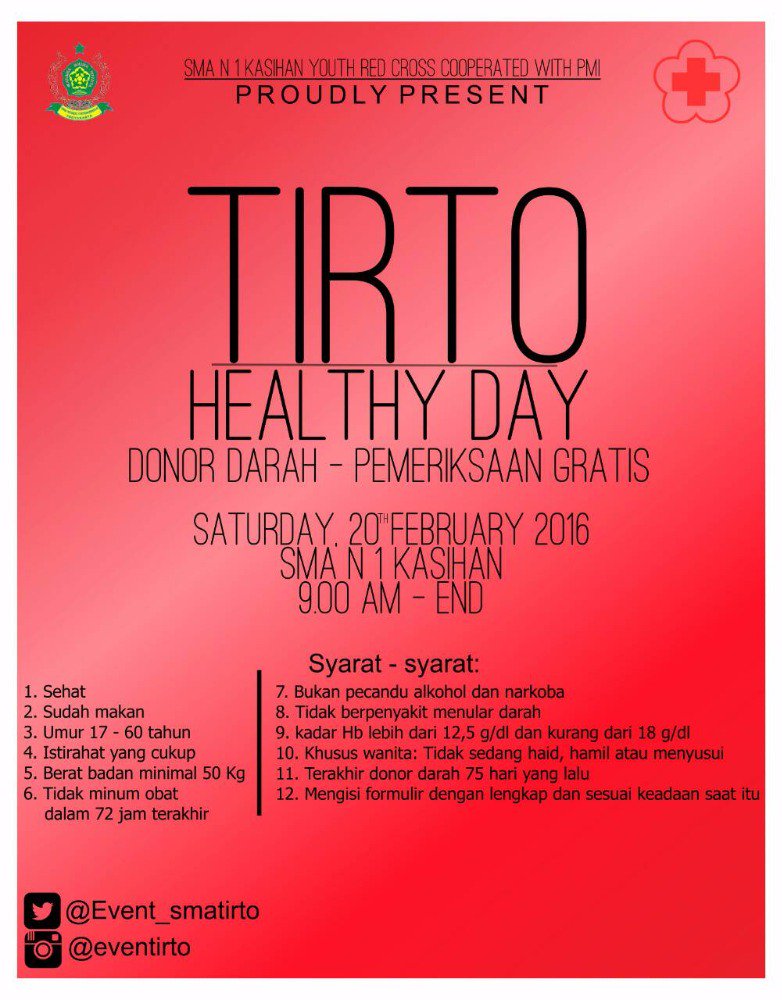 eventtirto's tweet photo. Besok pagi ada Tirto Healthy Day lho. Langsung aja dateng ke sma tirto dan donorkan darahmu. Gratis!! :D https://t.co/49Z5WGVvXd